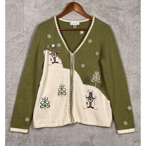 Women's Penguin Cardigan Medium Christmas Skiing Sweater Zip Winter Embroidered